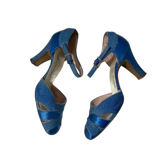 Vintage 1930s Cornelia Handmade Blue Silk Ankle Strap Pumps Rike-Kumler Dayton